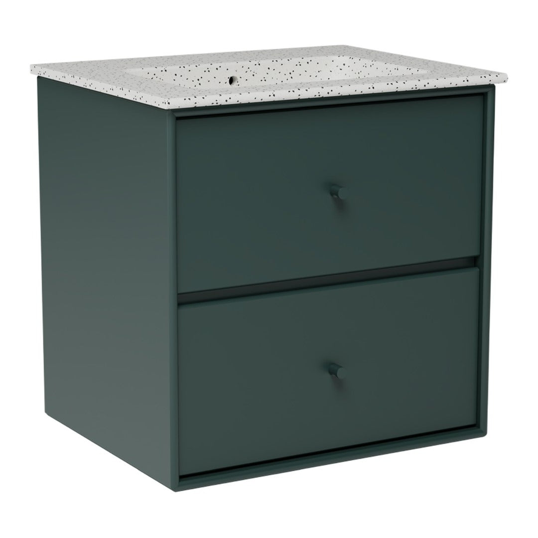 Dark green cabinet with a speckled white countertop and two smooth drawers. Modern and stylish design.