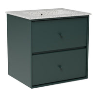 Dark green cabinet with a speckled white countertop and two smooth drawers. Modern and stylish design.