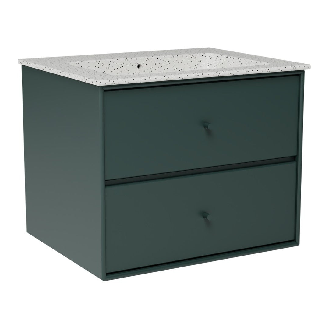Dark green bathroom vanity with a speckled white countertop and two smooth drawers. Stylish and modern design.