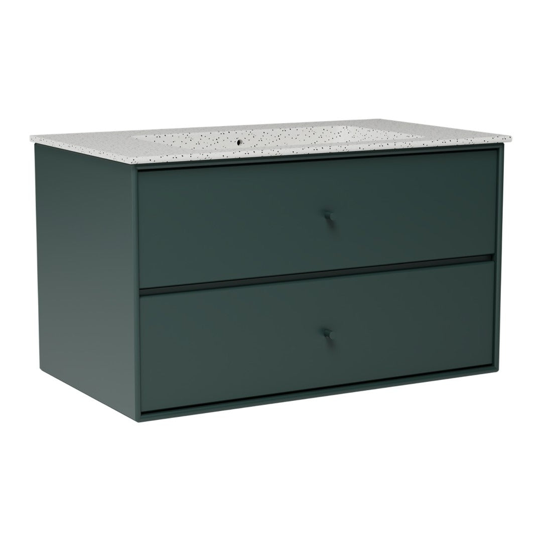 Dark green modern vanity with smooth finish and speckled white countertop. Stylish and contemporary design.