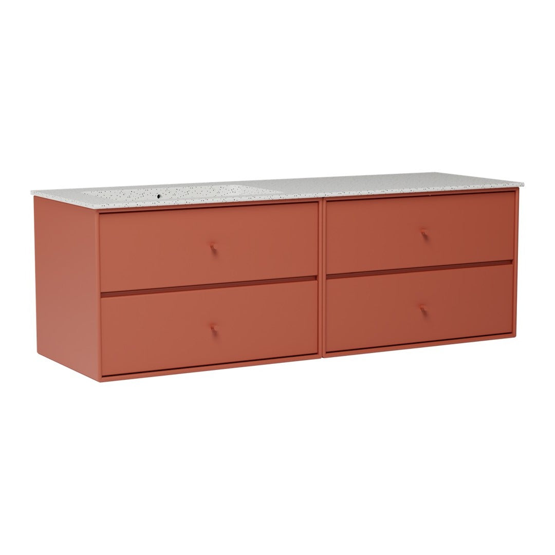 Modern four-drawer cabinet in warm terracotta with a sleek gray marble top. Perfect for stylish storage solutions.