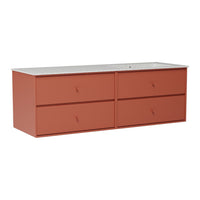 Rust-orange dresser with four spacious drawers and a sleek gray countertop. Minimalist design for modern decor.