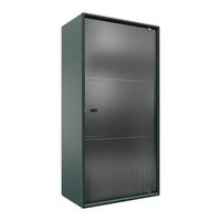 Green metal storage cabinet with a sleek, smooth finish and ribbed door patterns.