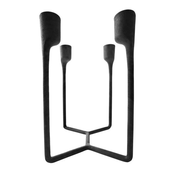 Sleek black metal candle holder with a unique geometric design, featuring four tapered holders.
