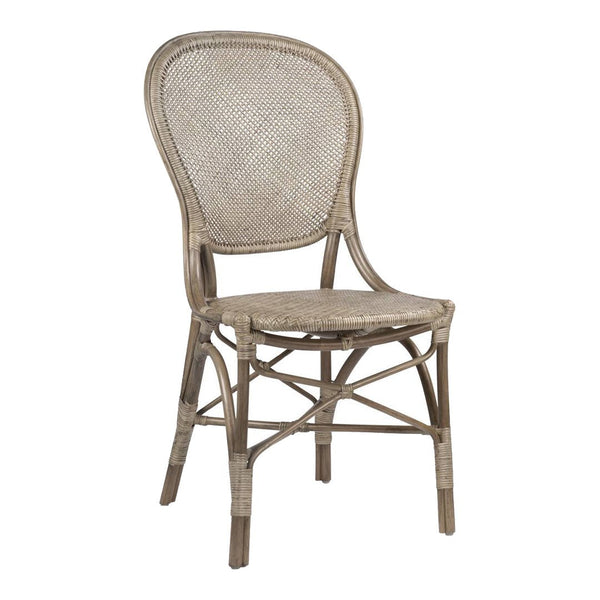 Natural woven rattan chair with a light beige finish and intricate pattern, perfect for a rustic decor.