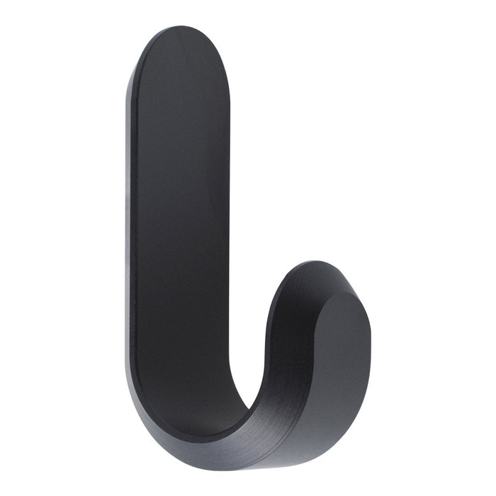 Sleek black hook with a modern, smooth finish, featuring a minimalist design for versatile hanging solutions.