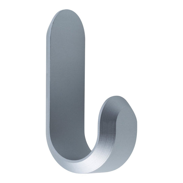 Sleek silver metal hook with a smooth, modern design and minimalist style. Perfect for home organization.