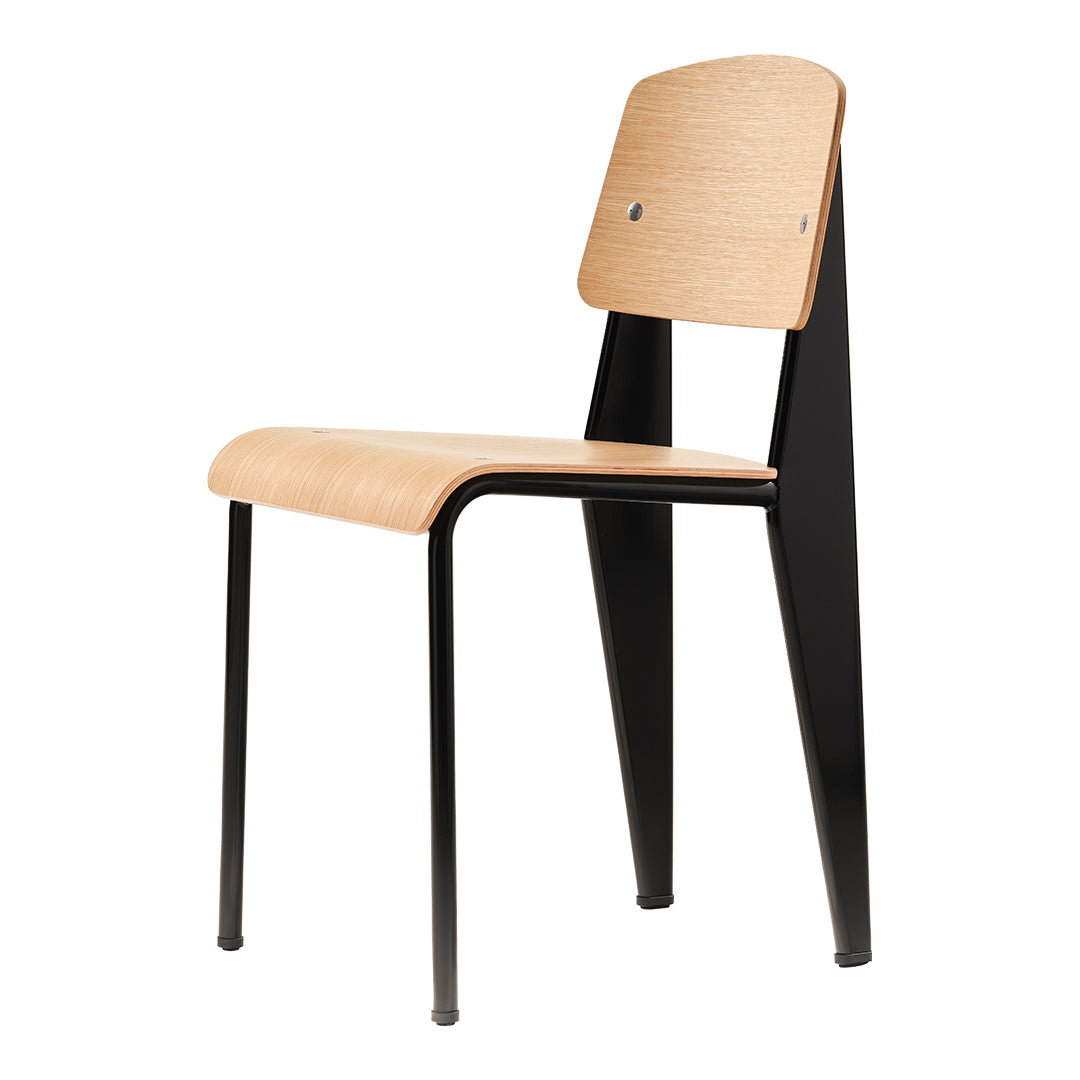 Modern chair featuring a natural wood seat and backrest with sleek black metal legs, creating a stylish contrast.