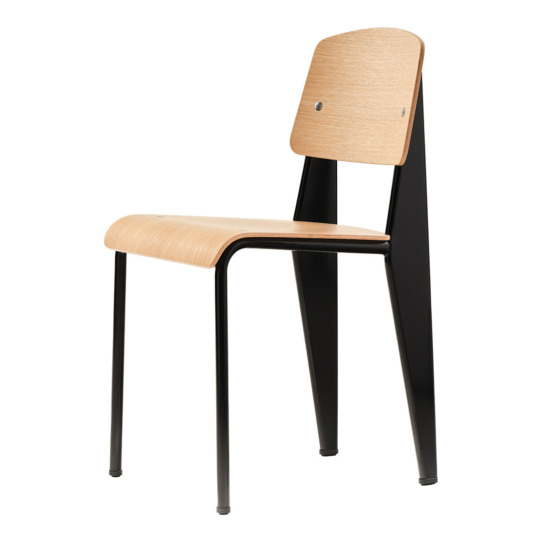Modern chair featuring a natural wood seat and backrest with sleek black metal legs, creating a stylish contrast.