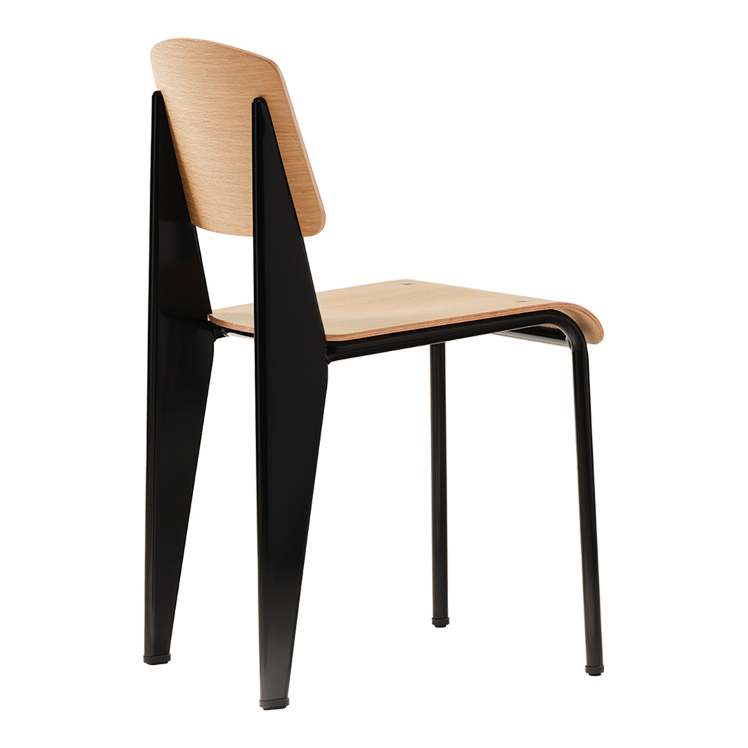 Modern wooden chair with a natural wood finish and sleek black metal legs, featuring a minimalist design.