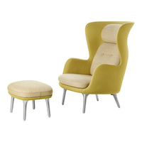 Stylish yellow upholstered chair with matching ottoman, featuring smooth textures and modern design. Perfect for any decor.