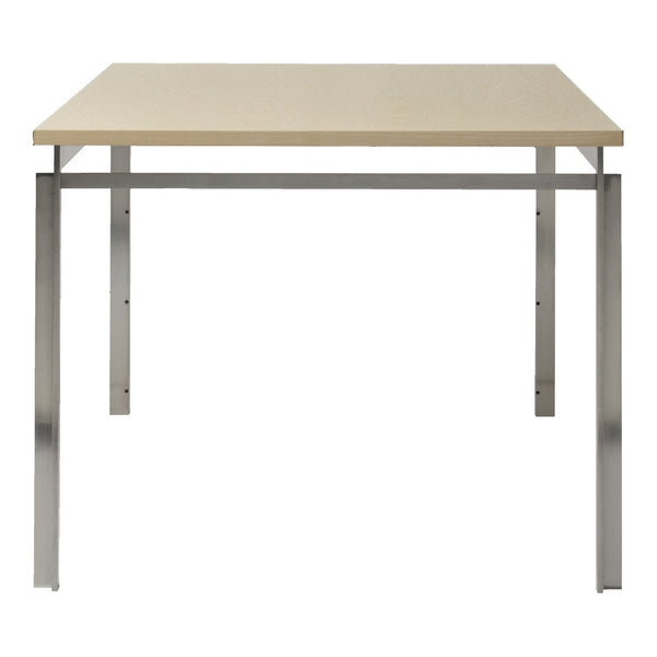 "Simple beige tabletop with sleek silver metal legs, ideal for modern minimalist decor."