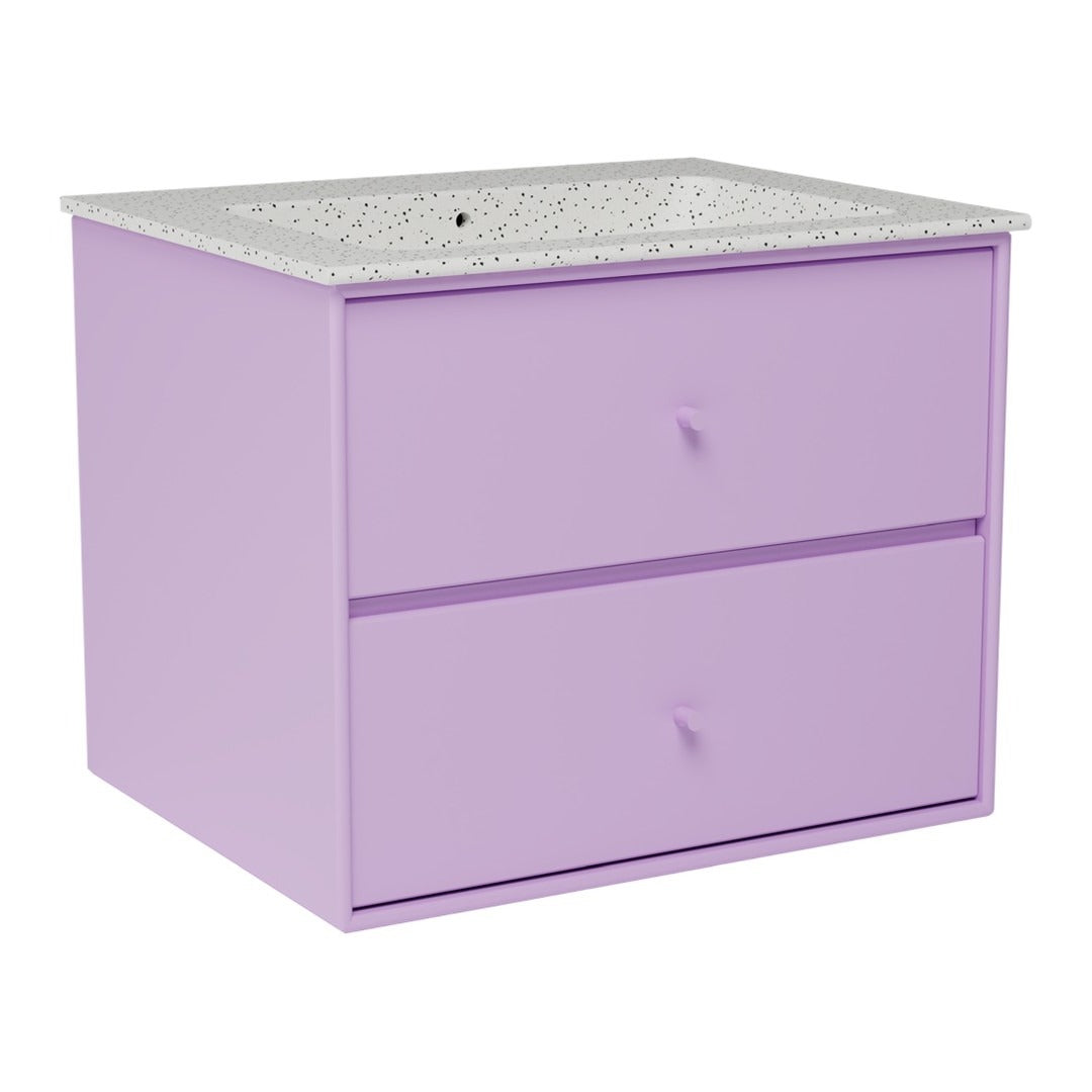 Lavender two-drawer cabinet with a speckled white countertop, perfect for adding a pop of color to any room.
