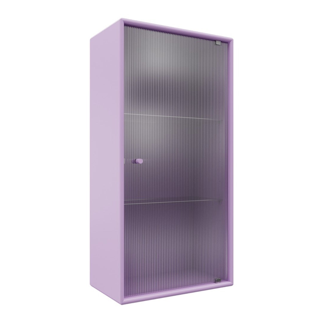 Purple cabinet with ribbed glass doors, featuring a sleek design and modern finish. Perfect for stylish storage.