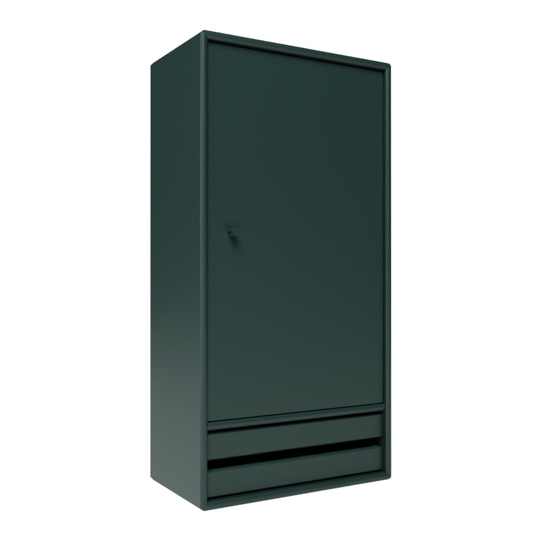 Dark green cabinet with a smooth finish and minimalist design, featuring a single door and two horizontal drawers.
