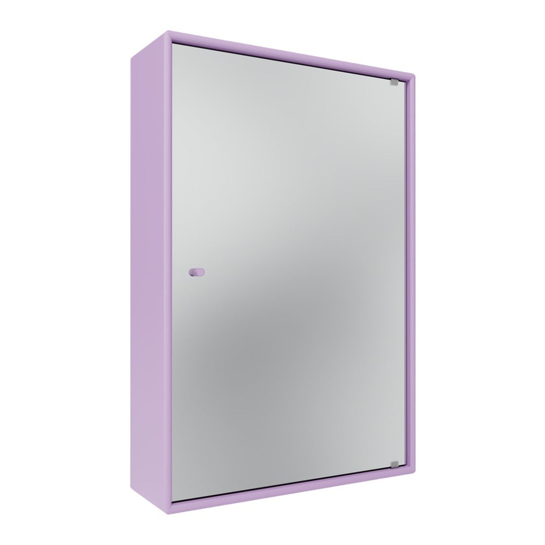 "Purple wall cabinet with a sleek, mirror finish and minimalistic design."