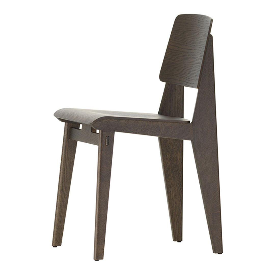 Modern dark wood dining chair with a sleek design and smooth surface, featuring minimalist lines and a warm finish.