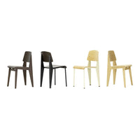 Set of four chairs featuring black, dark brown, cream, and natural wood finishes with minimalist design.