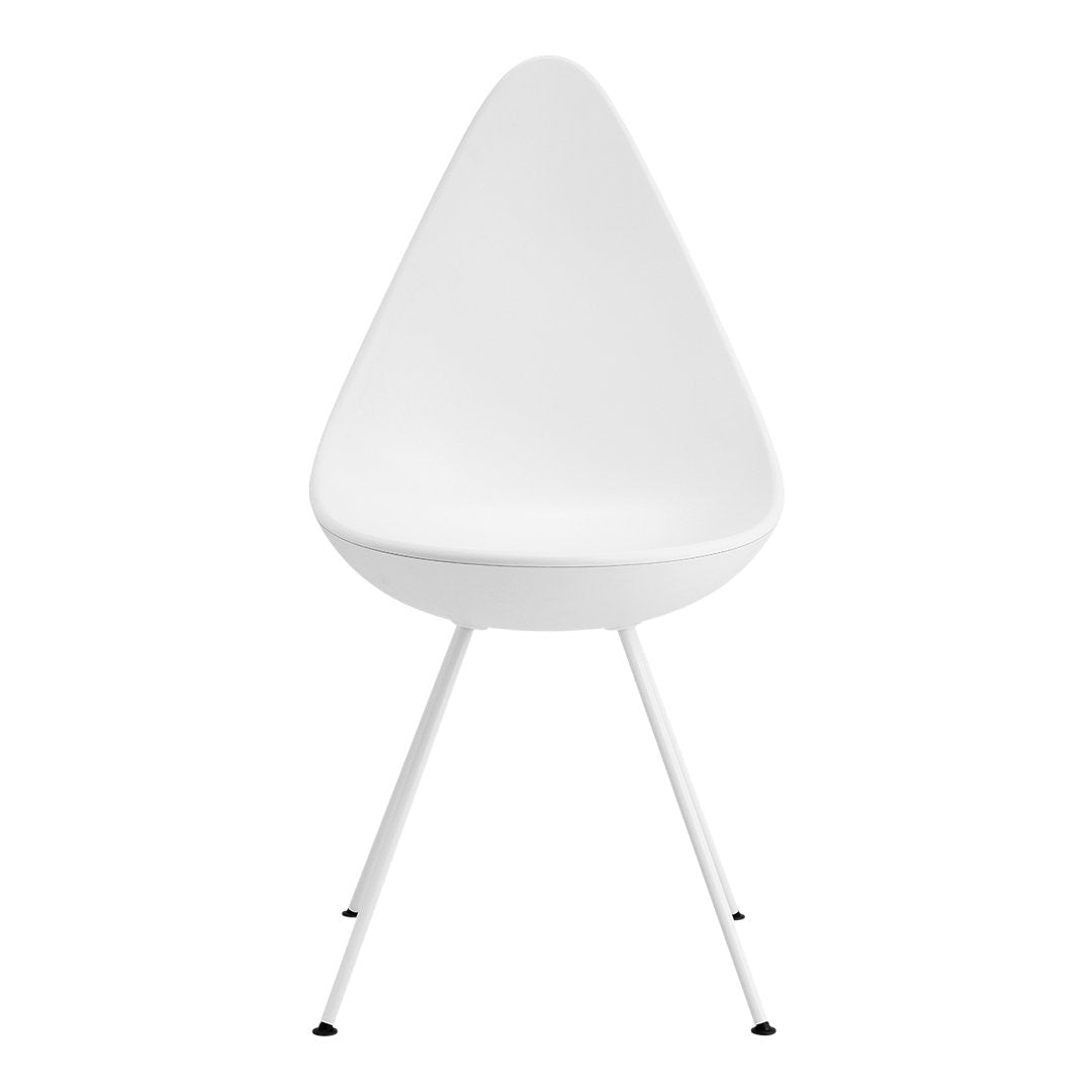 Minimalist white chair with a sleek teardrop shape and slender white legs, perfect for modern decor.