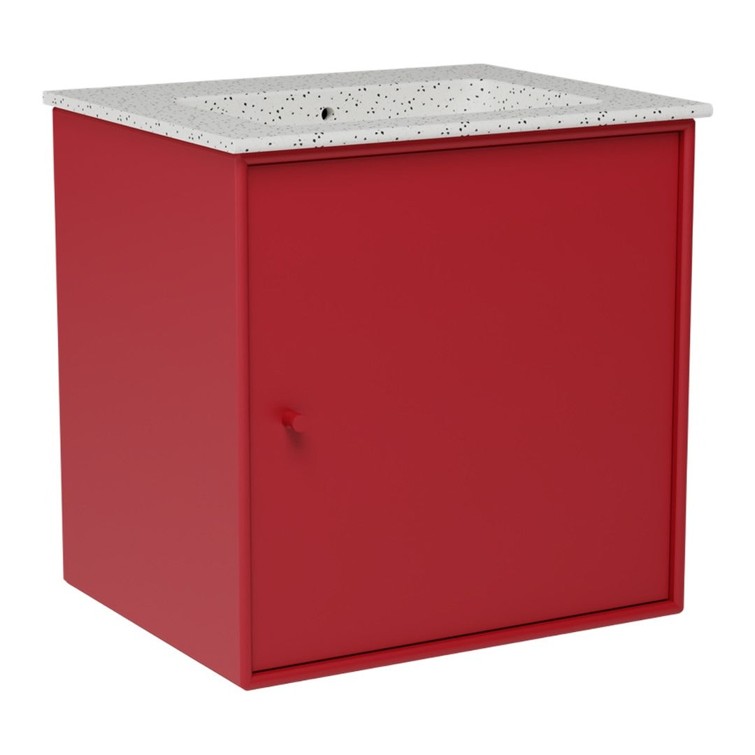 Red storage cabinet with a speckled white countertop, featuring a sleek, modern design.