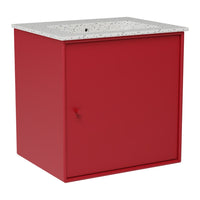 Red storage cabinet with a speckled white countertop, featuring a sleek, modern design.