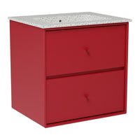 Bright red storage cabinet with two drawers and a speckled white countertop. Ideal for modern decor.