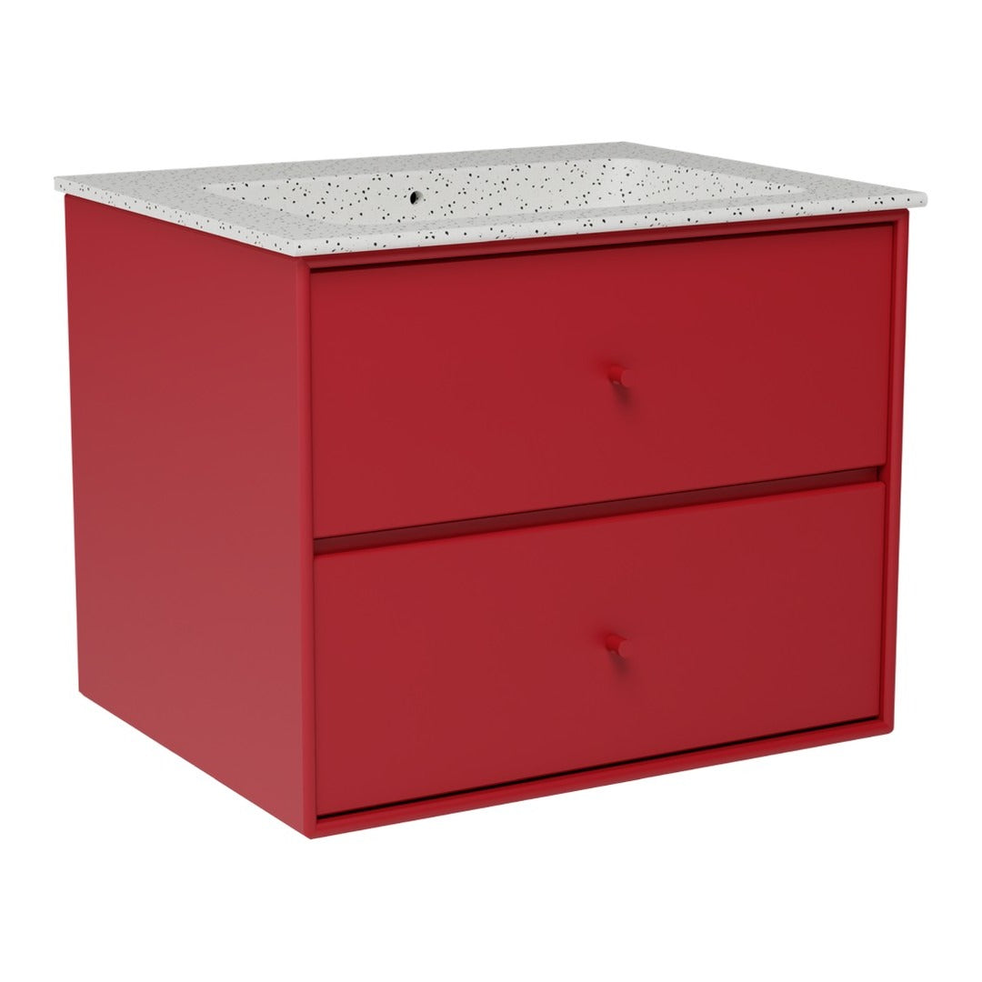 Red two-drawer cabinet with a speckled white countertop, offering a modern and vibrant style.