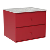 Red two-drawer cabinet with a speckled white countertop, offering a modern and vibrant style.