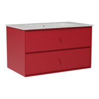 Red modern vanity with two drawers and a speckled white countertop, perfect for contemporary bathrooms.