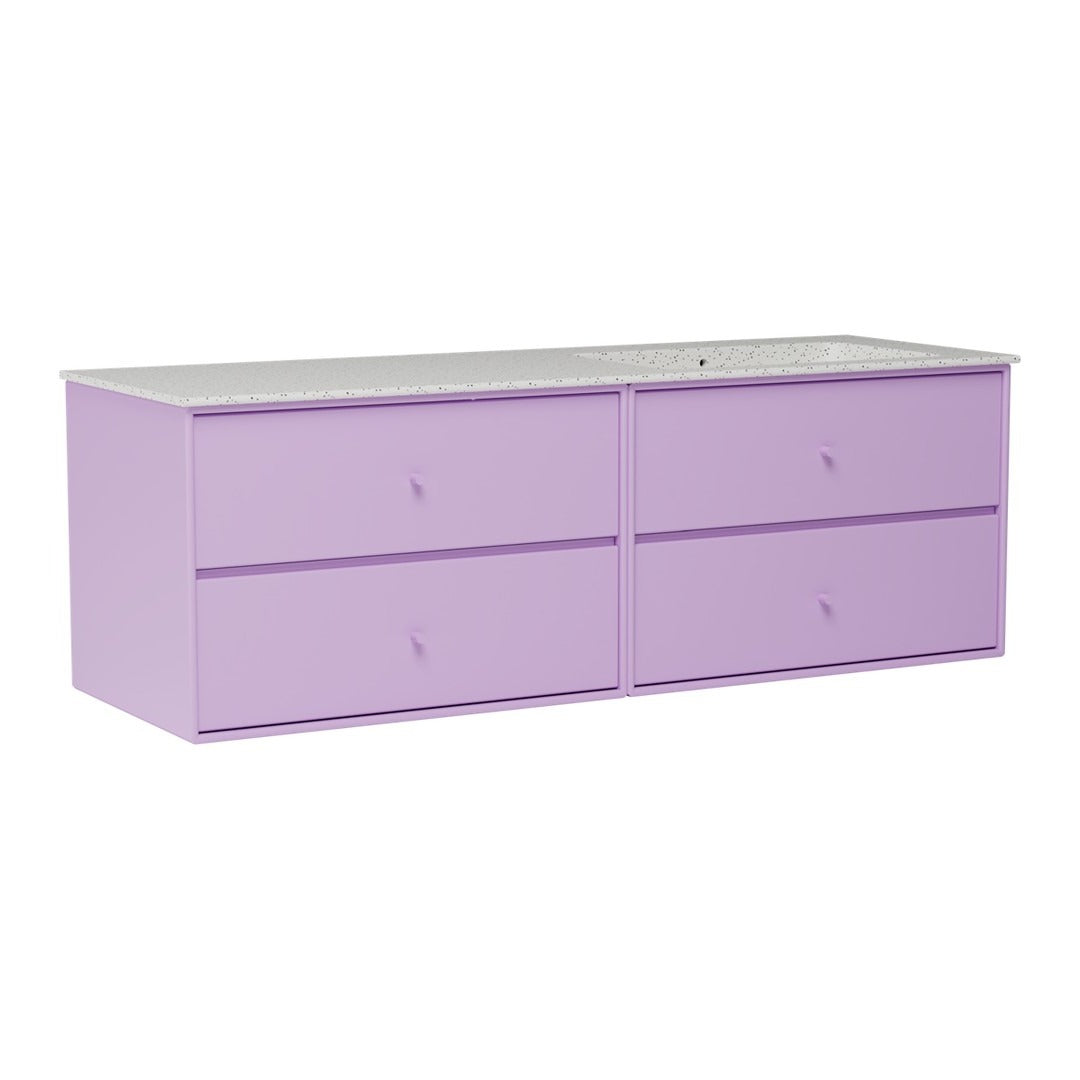 Purple storage dresser with a smooth white top and four spacious drawers for stylish organization.