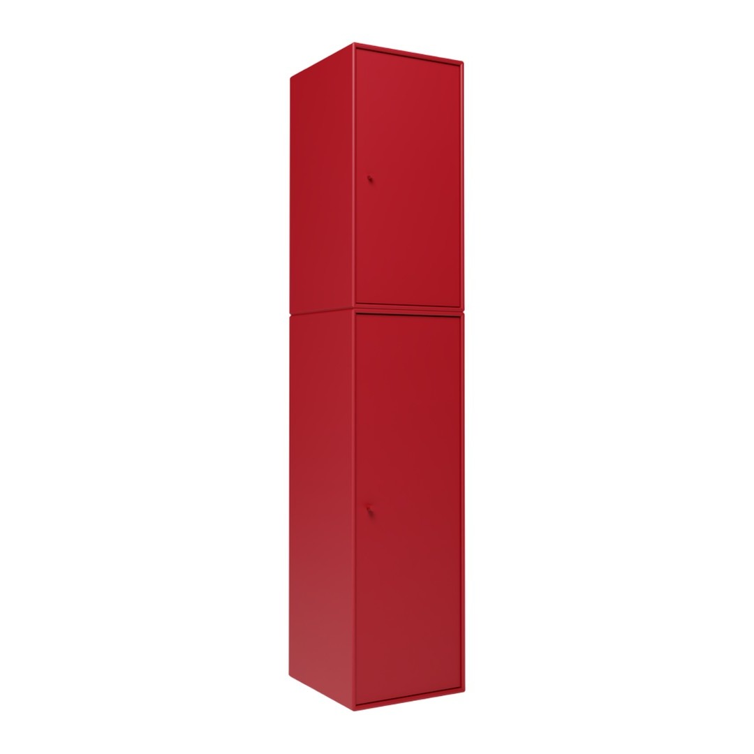 Red tall storage cabinet with a sleek, solid finish and minimalistic design. Perfect for modern interiors.
