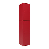 Red tall storage cabinet with a sleek, solid finish and minimalistic design. Perfect for modern interiors.