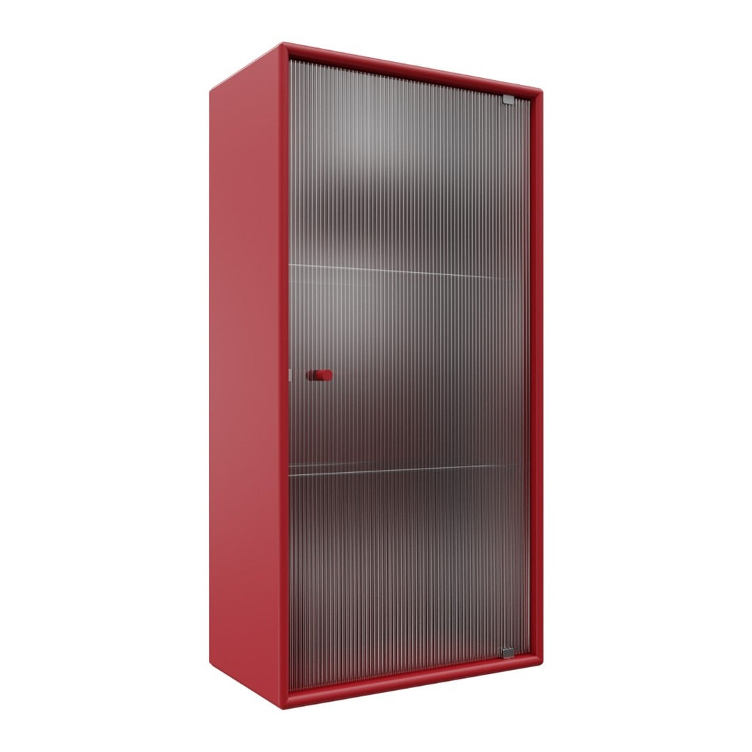Red metal storage cabinet with horizontal ribbed patterns and a sleek design, featuring a single red handle.