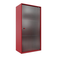 Red metal storage cabinet with horizontal ribbed patterns and a sleek design, featuring a single red handle.