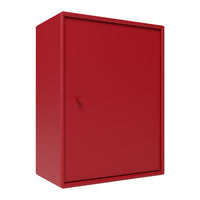 Bright red cabinet with a sleek, solid color design and a subtle surface texture. Ideal for modern decor.