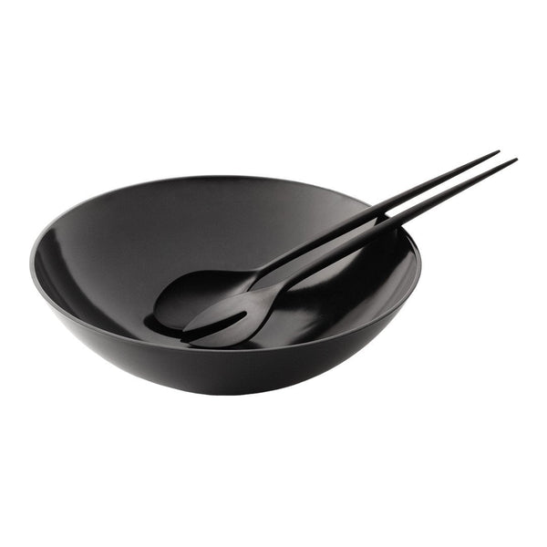 Glossy black bowl with sleek design, paired with matching black chopsticks and spoon, perfect for modern dining.
