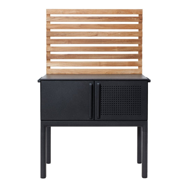 Black cabinet with perforated pattern and natural wood slatted backrest, combining sleek modern design and warmth.