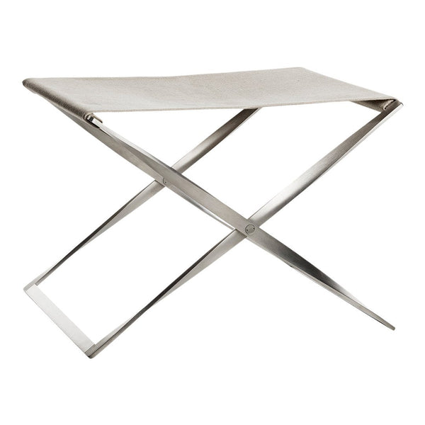 Modern silver folding stool with a sleek, minimalist design and plain light beige canvas seat.