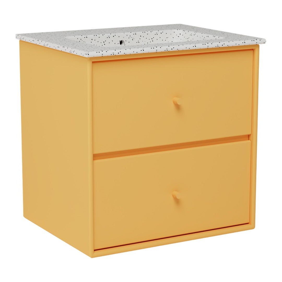 Bright yellow nightstand with two drawers and a speckled white top. Perfect for modern decor.