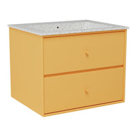 Yellow two-drawer cabinet with a speckled white countertop. Modern, sleek design perfect for any space.