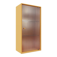 Yellow cabinet with frosted glass doors, featuring vertical ribbed patterns for a modern look.
