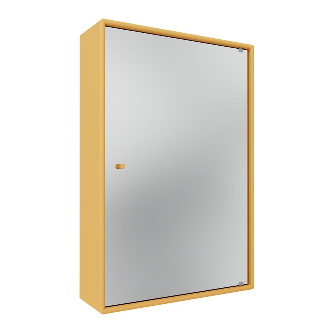 Yellow-framed cabinet with a sleek, reflective silver door, perfect for modern decor.