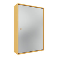 Yellow-framed cabinet with a sleek, reflective silver door, perfect for modern decor.