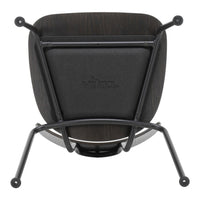 Black chair with a smooth, minimalist design, featuring a dark wood back and matte black metal legs.
