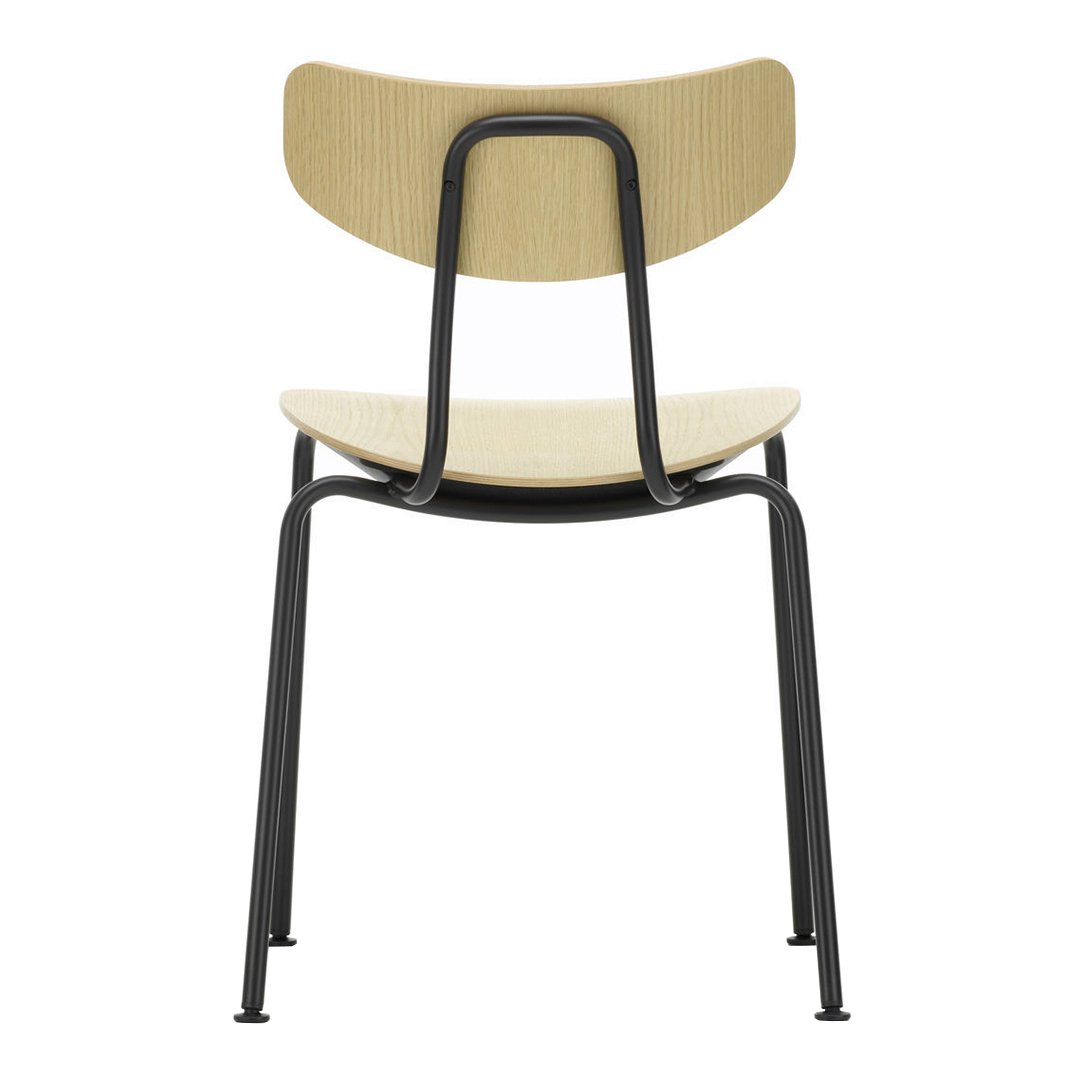 Back view of a minimalist chair featuring a light wood seat and black metal frame. Simple design with clean lines.