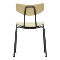 Back view of a minimalist chair featuring a light wood seat and black metal frame. Simple design with clean lines.