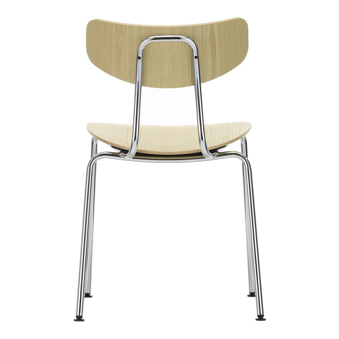 Back view of a modern chair featuring a light wood finish and sleek chrome legs. Simple, minimalist design.