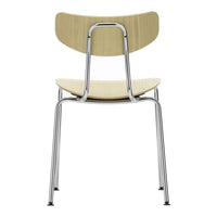 Back view of a modern chair featuring a light wood finish and sleek chrome legs. Simple, minimalist design.