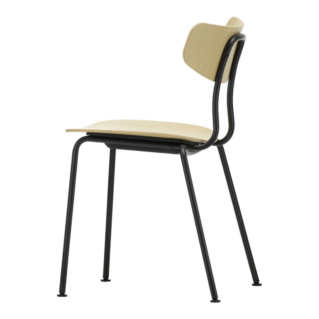 Minimalist black metal chair with a light beige wooden seat and backrest, featuring smooth, clean lines and simple design.
