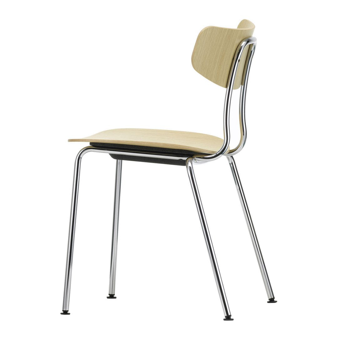 Modern chrome chair with a natural wood seat and back, featuring a smooth, minimalist design and clean lines.